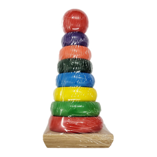 wooden tower with multi color rings