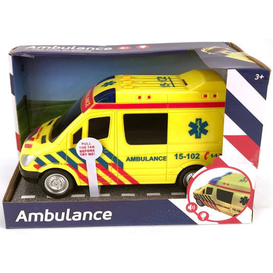 Toy ambulance in packaging with visible branding and design elements.