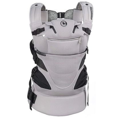 Gray baby carrier with black accents on a white background