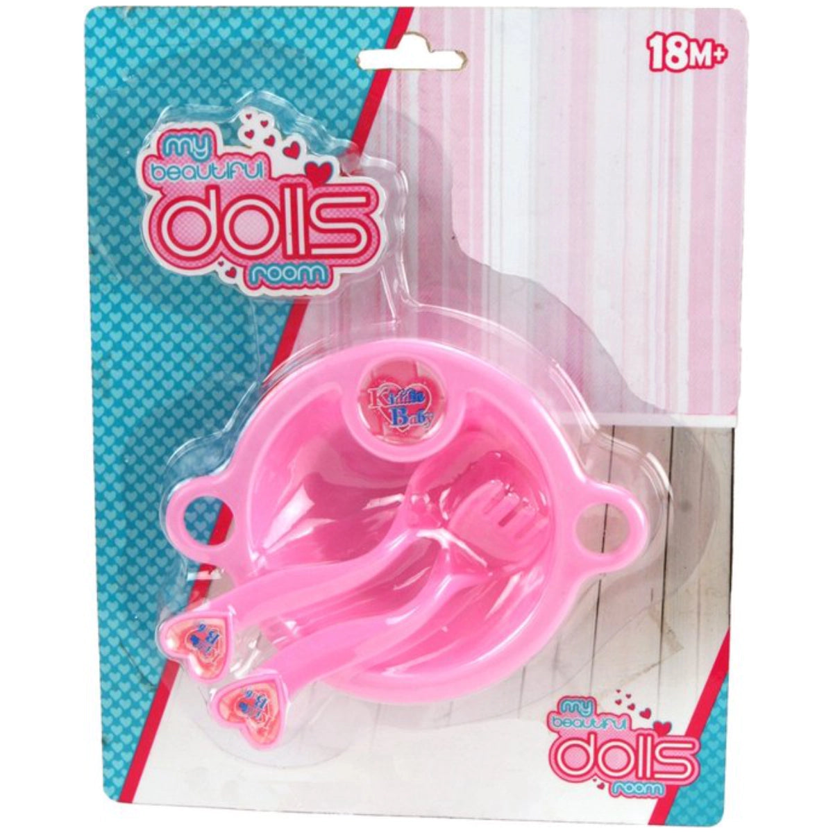 Pink toy kitchen set in packaging with 'My Beautiful Dolls' branding on a blue and white background.