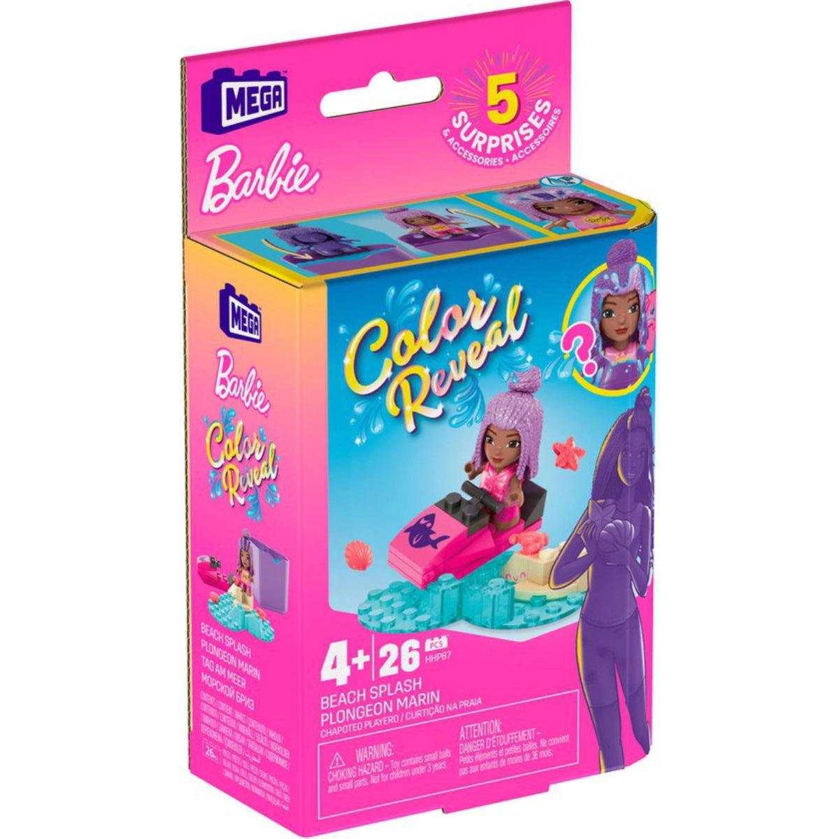 Barbie Color Reveal toy packaging with pink and blue design on a white background