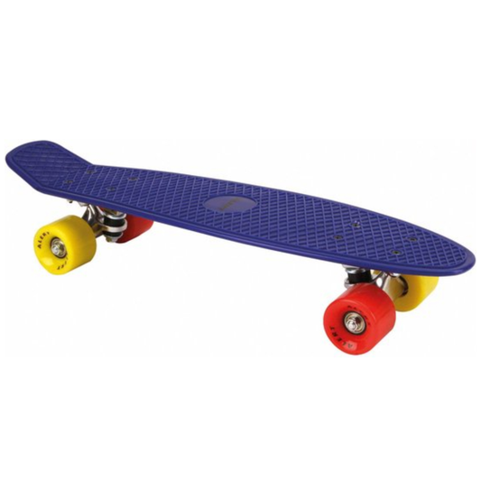 Blue skateboard with yellow and red wheels on a white background