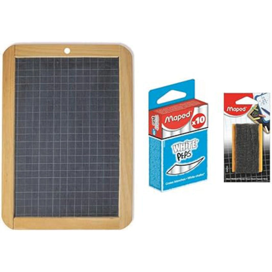 Grid slate with Maped white erasers packaging on a white background