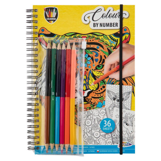 Coloring book set with colored pencils and a tiger illustration on the cover