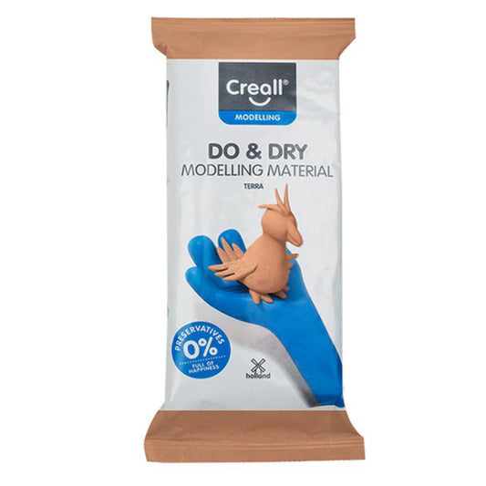 Creall Do & Dry modelling material packaging with a small terracotta animal figure on a white background