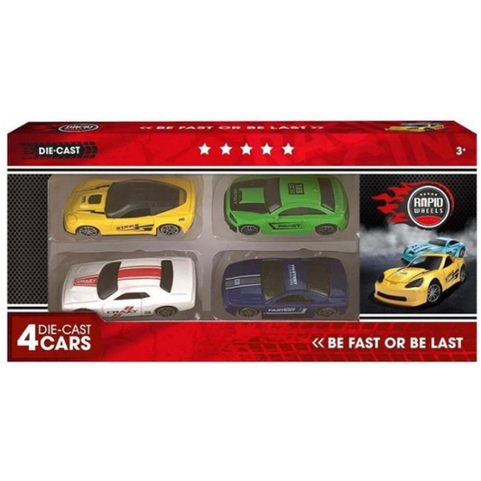 Box of 4 die-cast toy cars with a red and black design on a white background