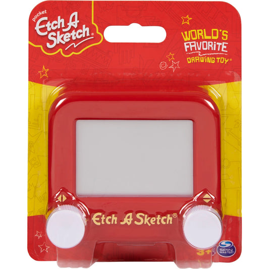 Red Etch A Sketch toy in packaging with yellow accents and brand logo.