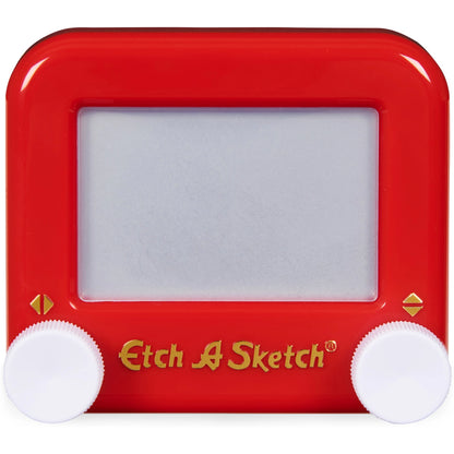Red Etch A Sketch toy with white control knobs on a white background