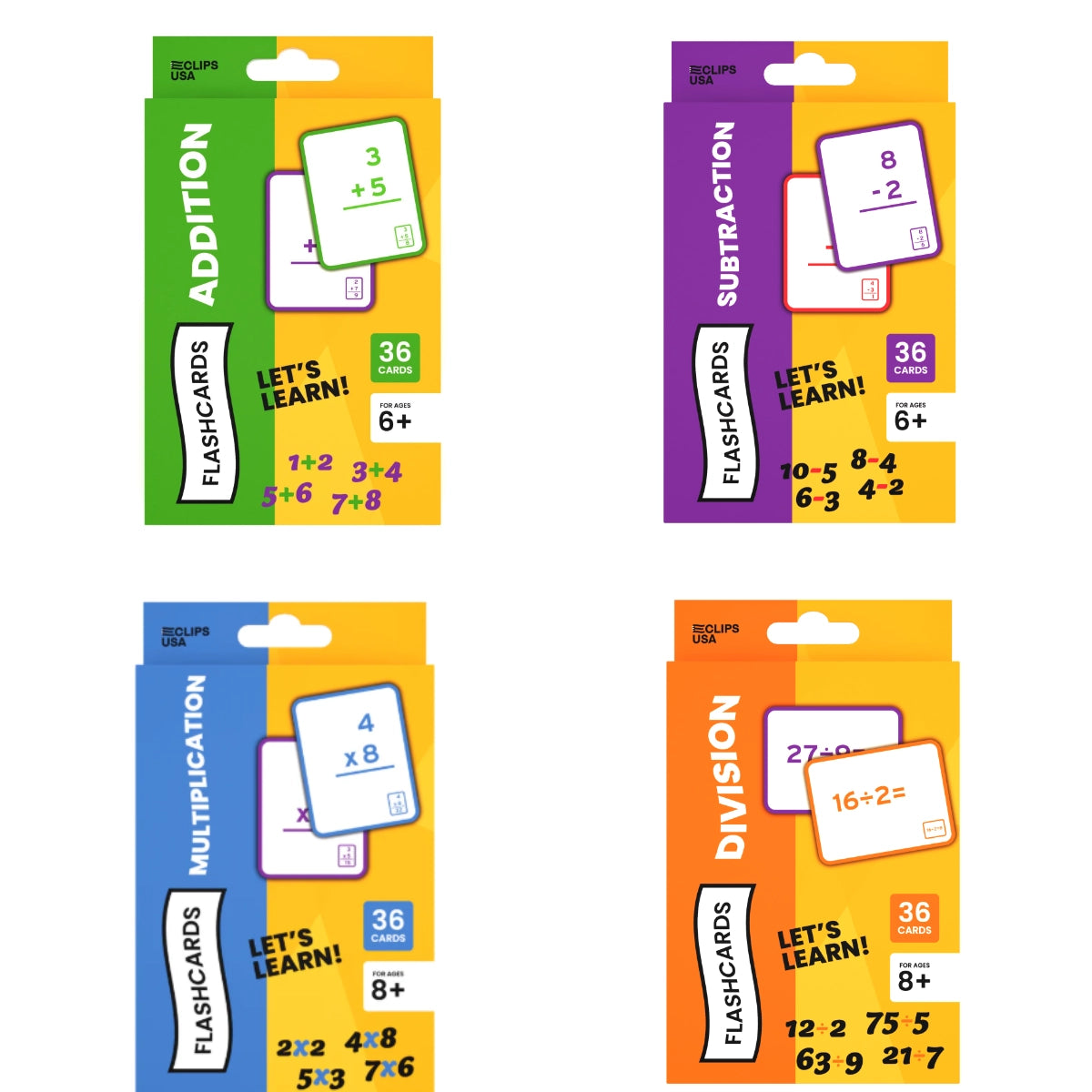 Four packages of educational flashcards for addition, subtraction, multiplication, and division on a white background.