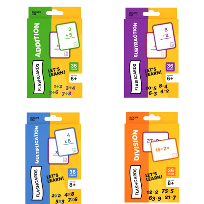 Four packages of educational flashcards for addition, subtraction, multiplication, and division on a white background.