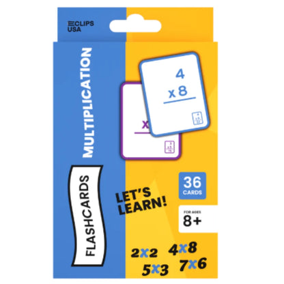 Packaging of multiplication flashcards with 'Clips USA' branding on a white background