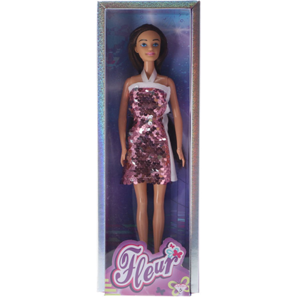 Doll in a sequined dress with 'Fleur' branding on a white background
