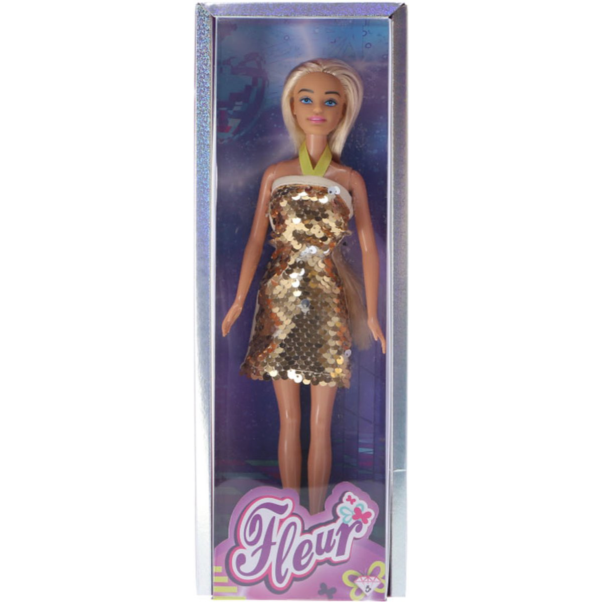 Doll in a gold sequin dress in a clear packaging with 'Fleur' branding.