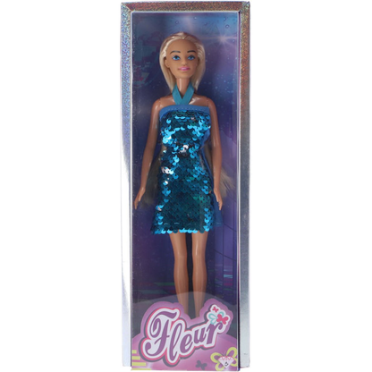 Fleur doll in a blue sequin dress in packaging on a white background