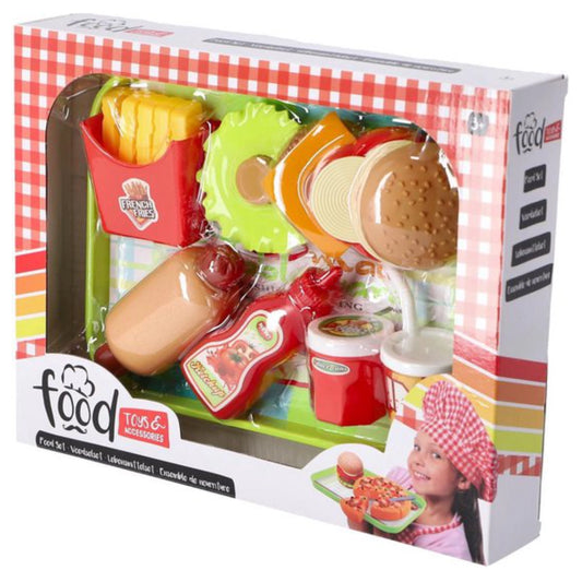 Toy food set packaging with colorful toy food items and a child playing with the set.
