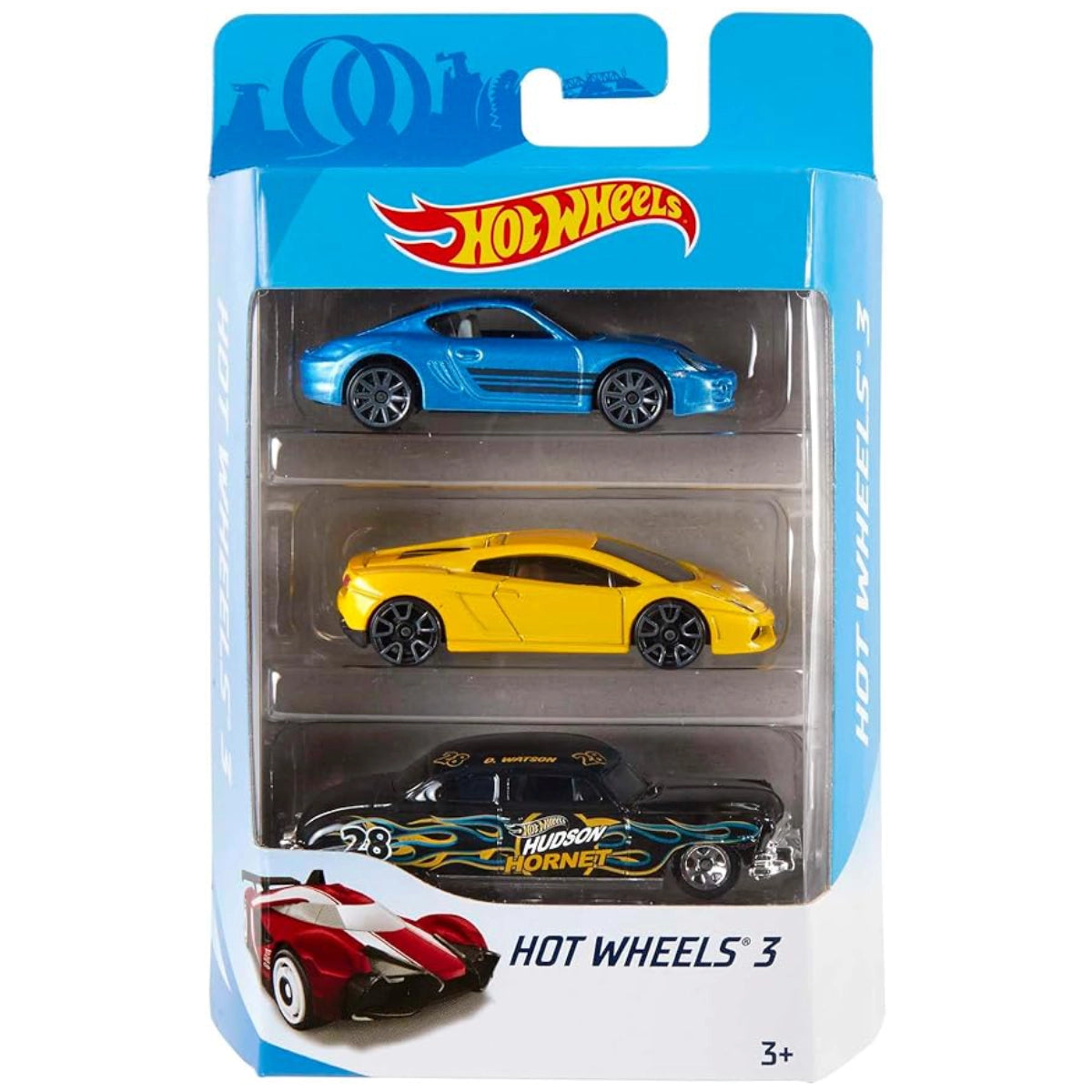 Hot Wheels toy car set in packaging with three cars visible.