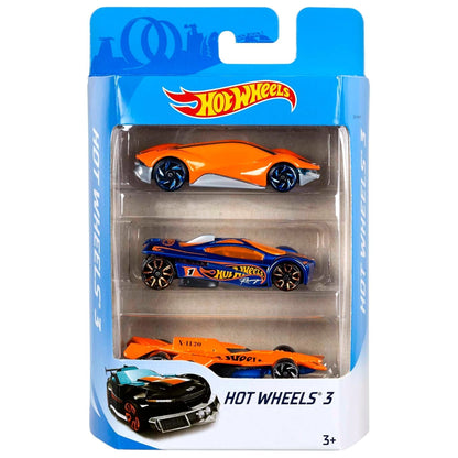 Hot Wheels packaging with three toy cars inside on a white background