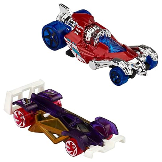 Two toy cars, one red and blue, the other purple and gold, on a white background.