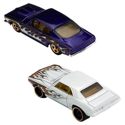 Two toy cars with flame design on a white background