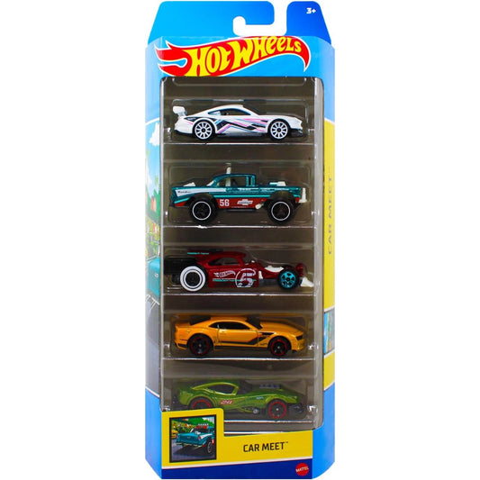 Hot Wheels toy car set in packaging with five cars displayed.