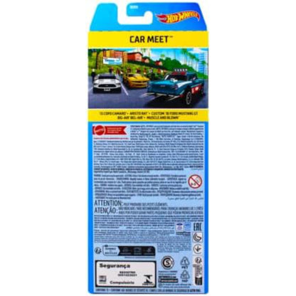 Hot Wheels Car Meet toy car packaging with colorful design on a white background