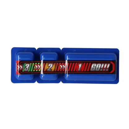 Blue plastic race car starting block with numbered sections on a white background