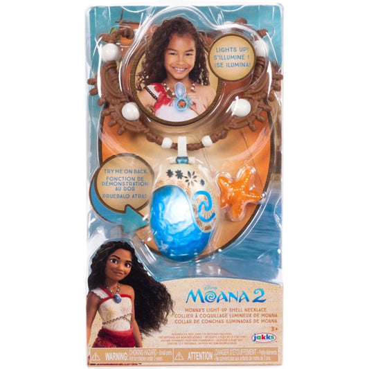 Toy packaging featuring a character from Disney's Moana with a light-up shell necklace.