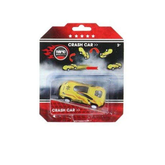 Yellow toy car in a red and black packaging on a white background