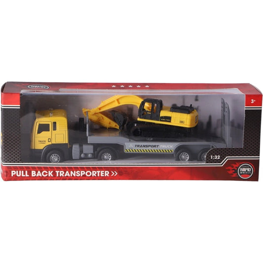 Toy pull back transporter with excavator in packaging