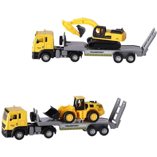 Toy construction vehicle set with two trucks carrying excavator and bulldozer on a white background