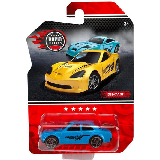 Yellow and blue die-cast cars in Rapid Wheels packaging on a white background