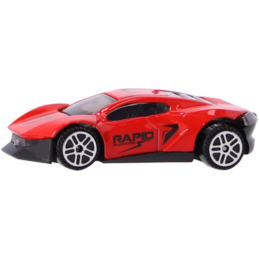 Red toy car with 'Rapid' branding on a white background