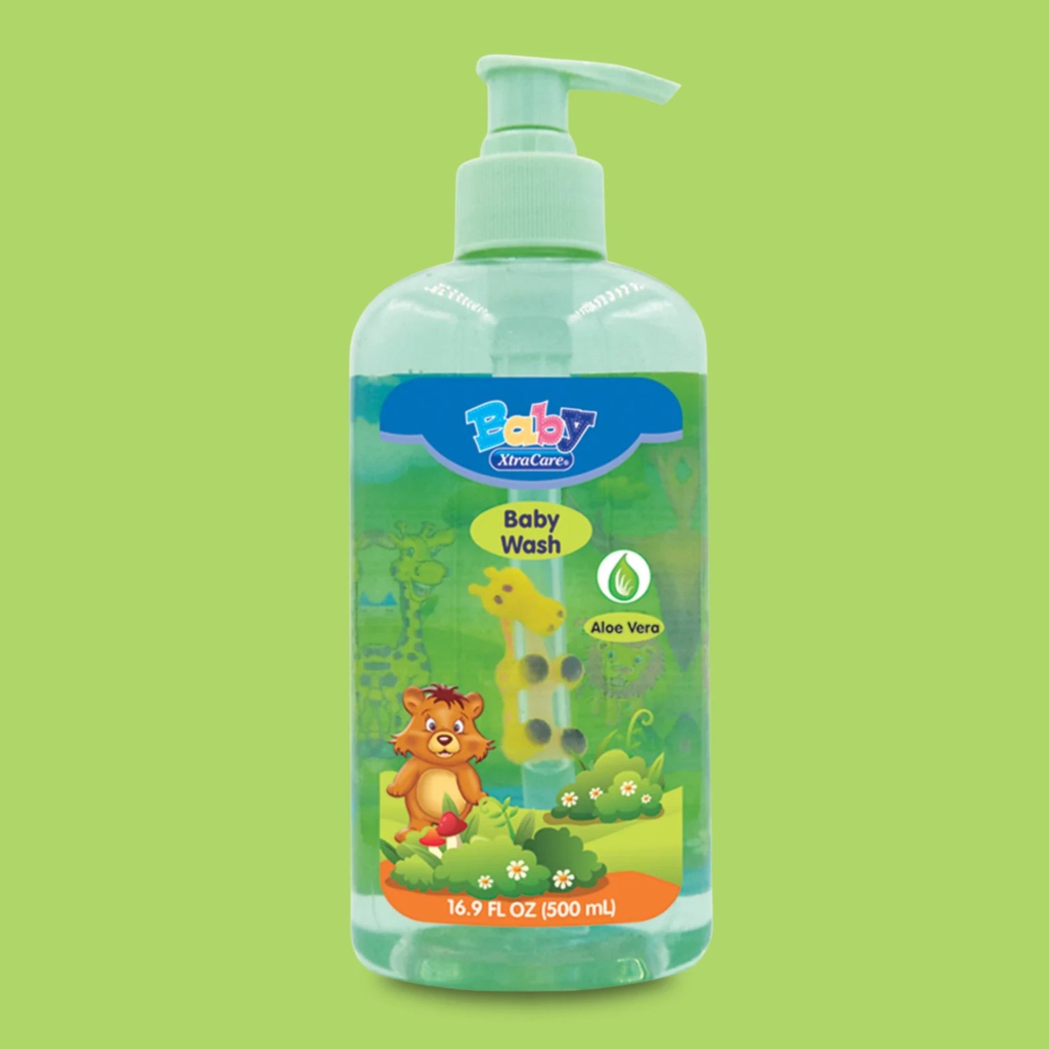 Baby wash bottle with pump on a green background