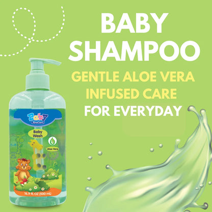Baby shampoo bottle with aloe vera on a green background