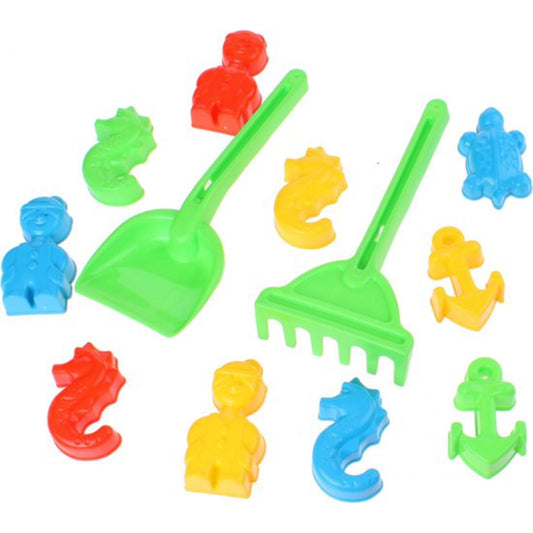 Colorful sand toys including shovels, rakes, and sea creature molds on a white background