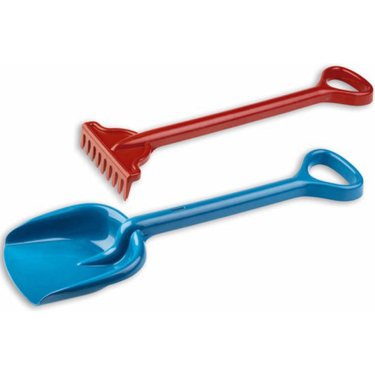 Red rake and blue shovel on a white background
