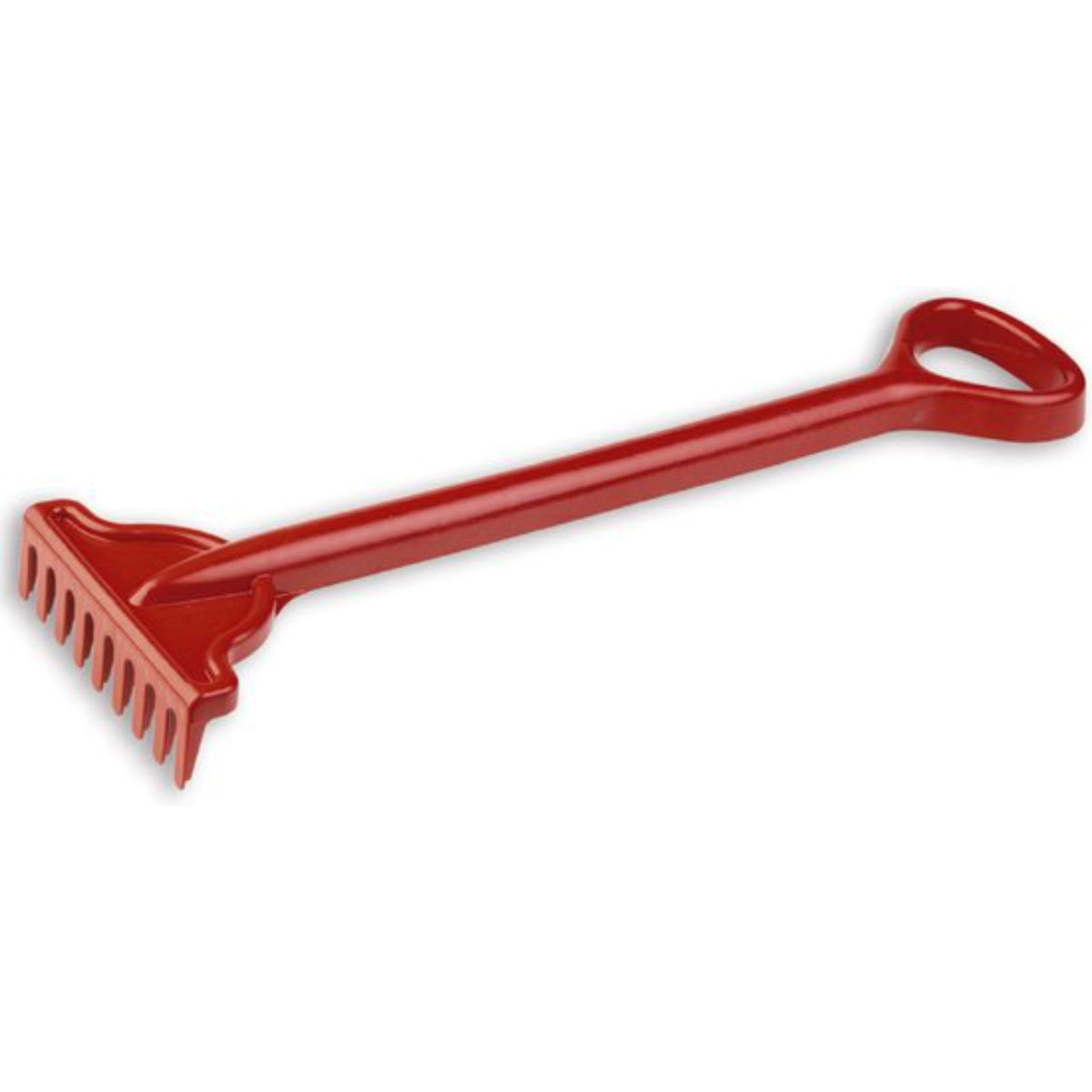Red plastic rake on a white background