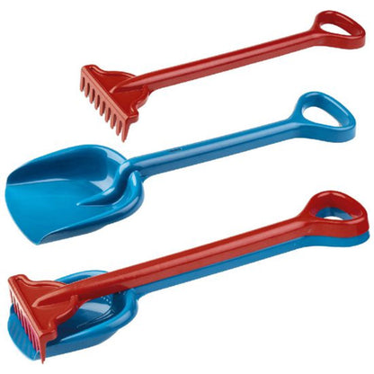 Set of red and blue sand toys including a shovel, rake, and scoop on a white background