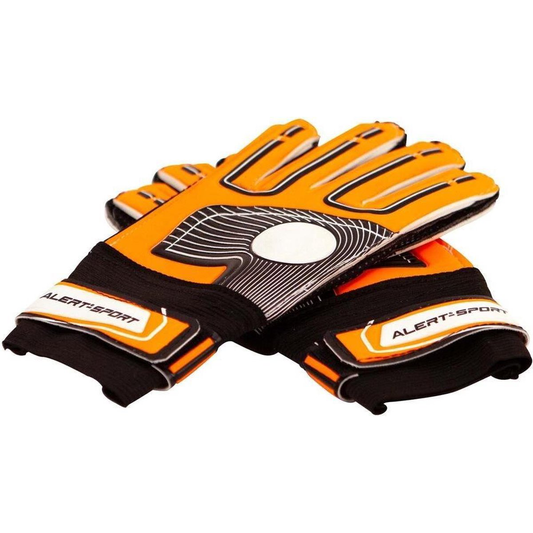 Pair of orange and black football gloves with 'Alert Sport' branding on a white background