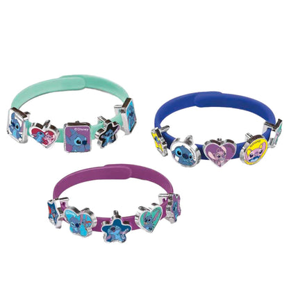 Three colorful bracelets with character charms on a white background
