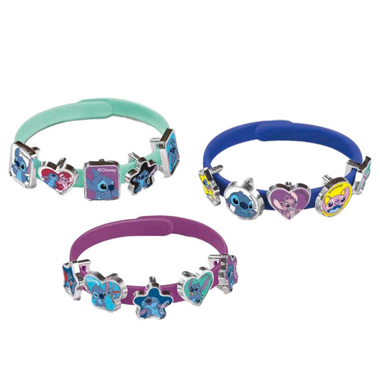 Three colorful bracelets with character charms on a white background