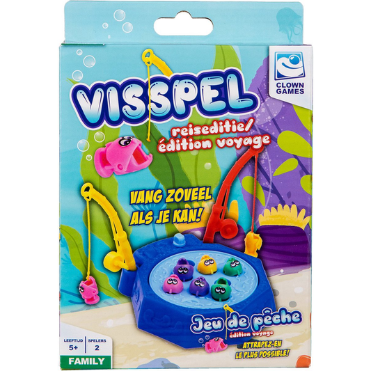 Visspel fishing game packaging with colorful design and text