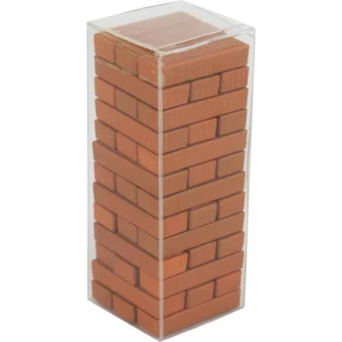 Stack of orange building blocks in a clear plastic container on a white background