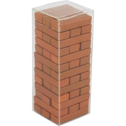 Stack of orange building blocks in a clear plastic container on a white background