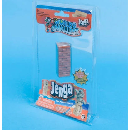 World's Smallest Jenga toy set in packaging on a blue background